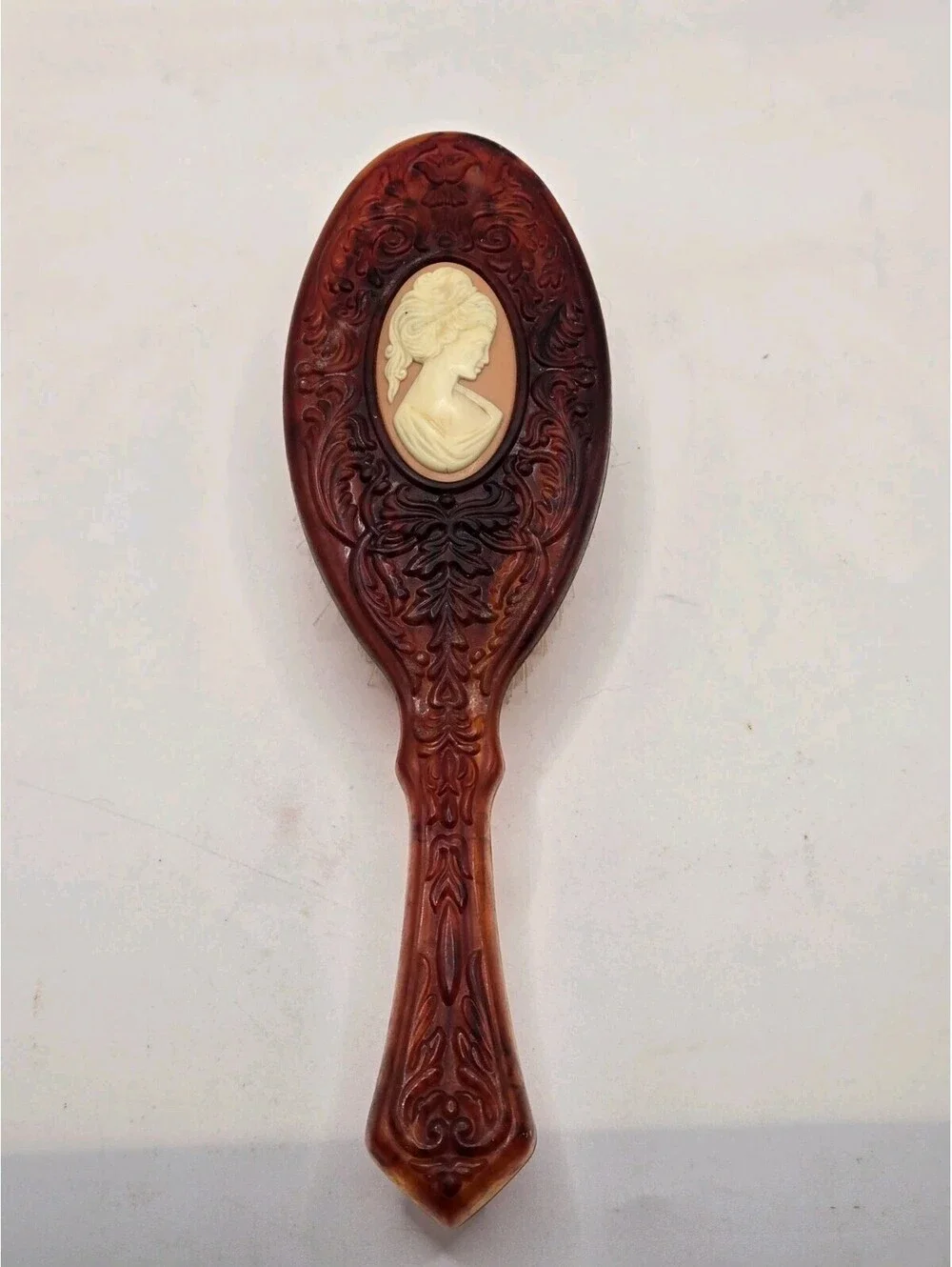 Avon Victorian Style Hair Brush/ Celluloid-Lucite Cameo On Back Tortoiseshell